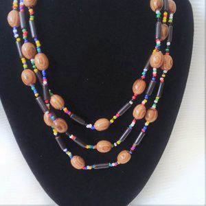Necklace Glass Beads Wood Seed VTG Boho Stylish Colorful Festive Trendy Handmade